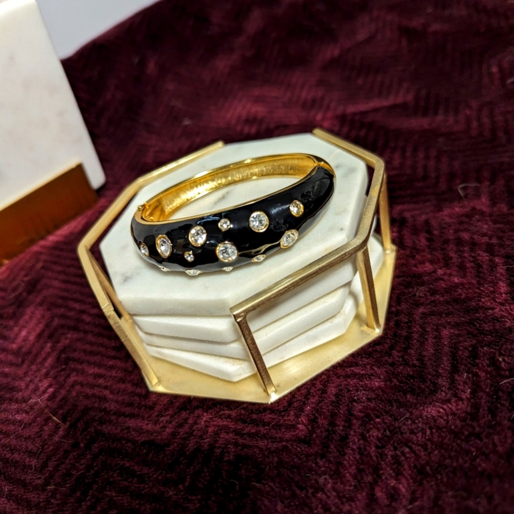 Hinged Black & Gold Bangle Bezel Rhinestones